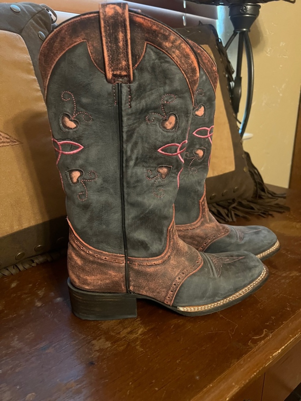 Distressed Rebel Blue and Pink Western Cowboy Boots with Pink Stitching
